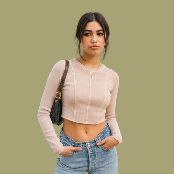 Garage Blush Pink Ribbed Long Sleeve Crop Top (Size P/S) - Picture 1 of 8